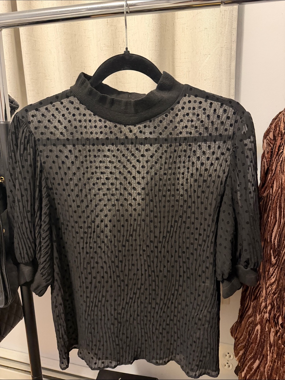 Zara Sheer Black Polka Dot Mock Neck Dress